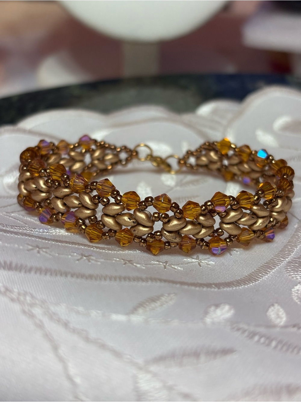 Gold-Tone and Amber Crystal Beaded Bracelet 7.5 inches